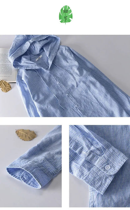 Spring Summer New Hooded Long-sleeved Solid Inen Shirt Trendy Men's Thin Loose Youth Fashionable Cotton Linen Sunscreen Shirt