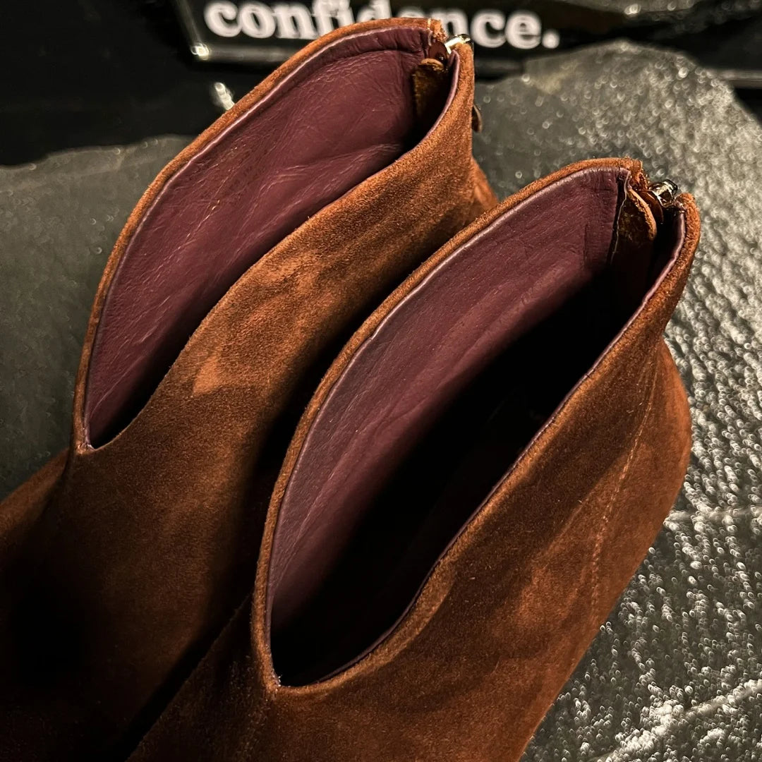 Women's natural suede leather pointed toe back zip kitten heel autumn ankle boots elegant ladies short booties shoes for woman