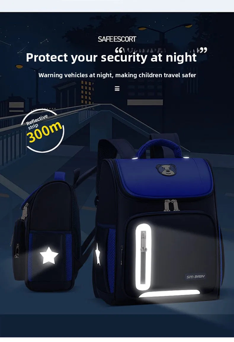 Lightweight Kids Backpack 1 3 6 Grade Spine Protection Reflective Space School Bag for Elementary Students
