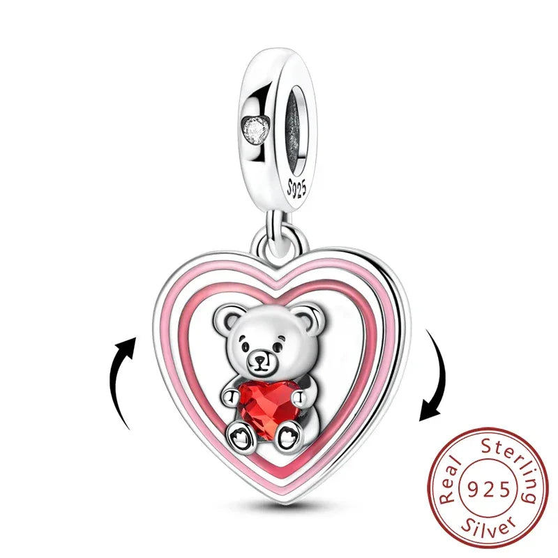 925 Silver Valentine's Day Charms Bead Sparkling Sweet Heart Rose Bear Charm Fit Original Bracelet Bangle Woman DIY Jewelry Gift