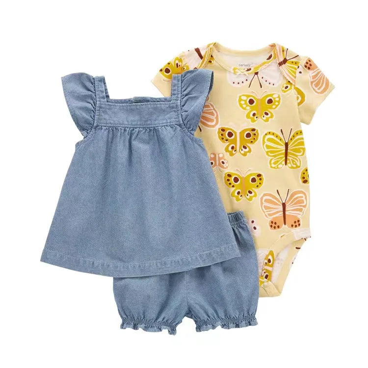 Newborn Baby Girl Clothes Set Summer Fashion Flower Cotton Infant Outfits Short Sleeved Bodysuit Shorts 3Pcs Toddler Clothing