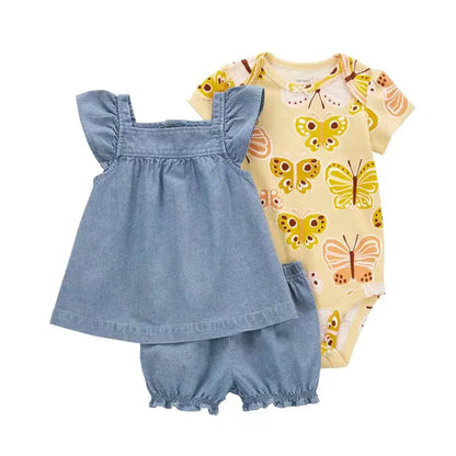 Newborn Baby Girl Clothes Set Summer Fashion Flower Cotton Infant Outfits Short Sleeved Bodysuit Shorts 3Pcs Toddler Clothing