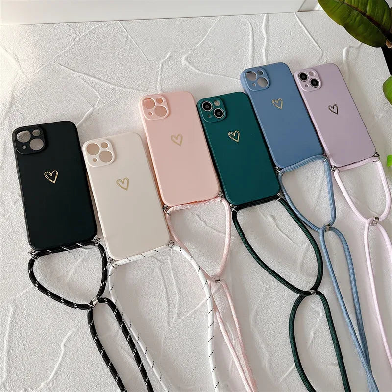 Crossbody Lanyard Silicone Phone Case For iPhone 15 14 11 12 13 Pro Max Mini 8 7 6 Plus 10 X Xr Xs Max SE 2020 Love Heart Cover