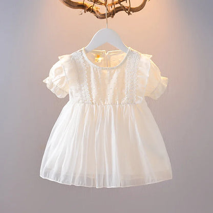 Summer New Style Baby Girls Dress Short Sleeve Flower Fake Two-Piece Shoulder Strap Dress Cute Princess Wedding Party Costume