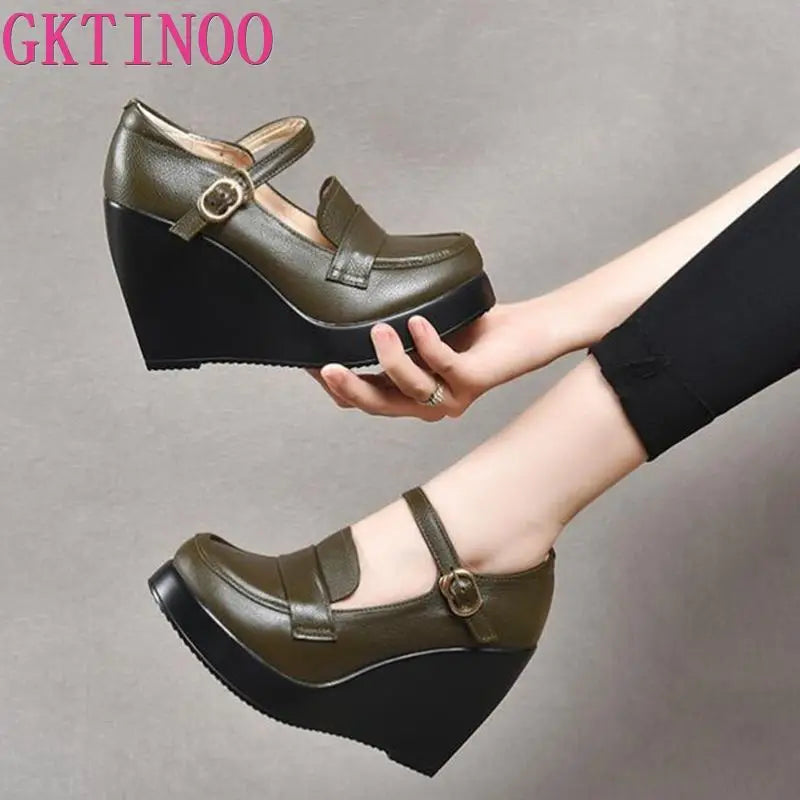 GKTINOO 2025 Wedges Women Shoe Spring Autumn Slip-On High Heels Round Toe Genuine Leather Casual Ladies Platform Shoes Woman