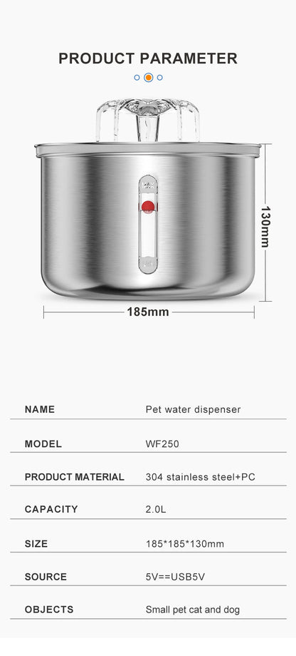 Stainless Steel Pet Water Feeder Cat Automatic Water Fountain USB Electric Mute for Cat Dog Filter Fountain Smart Drinking Bowl
