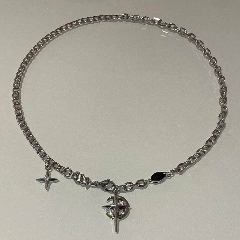 New Y2K Cuban Figaro Chain Star Moon Pendant Necklace Men Punk Black Zircon Chain Choker Necklace For Men Jewelry Gifts
