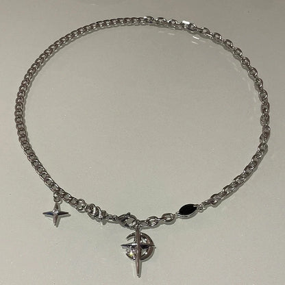 New Y2K Cuban Figaro Chain Star Moon Pendant Necklace Men Punk Black Zircon Chain Choker Necklace For Men Jewelry Gifts