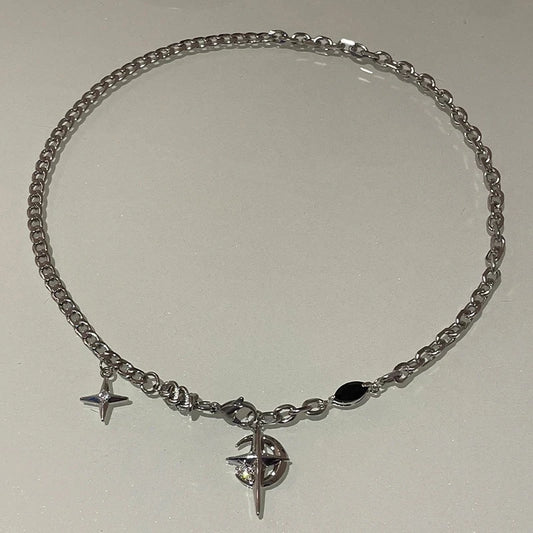 New Y2K Cuban Figaro Chain Star Moon Pendant Necklace Men Punk Black Zircon Chain Choker Necklace For Men Jewelry Gifts
