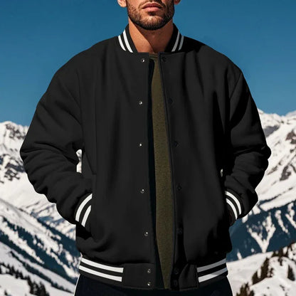 Men's Baseball Jacket with Stand-up Collar Button, Flight Jacket Monochromatic Loose, Casual, American Sports, Autumn and Winter