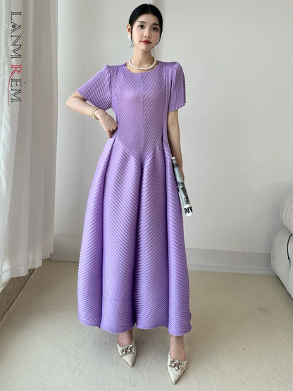 LANMREM High End Purple Pleated Women's Dress 2025 New Round Neck Short Sleeved Spliced Design Ball Gown Summer Dresses 2DB3489