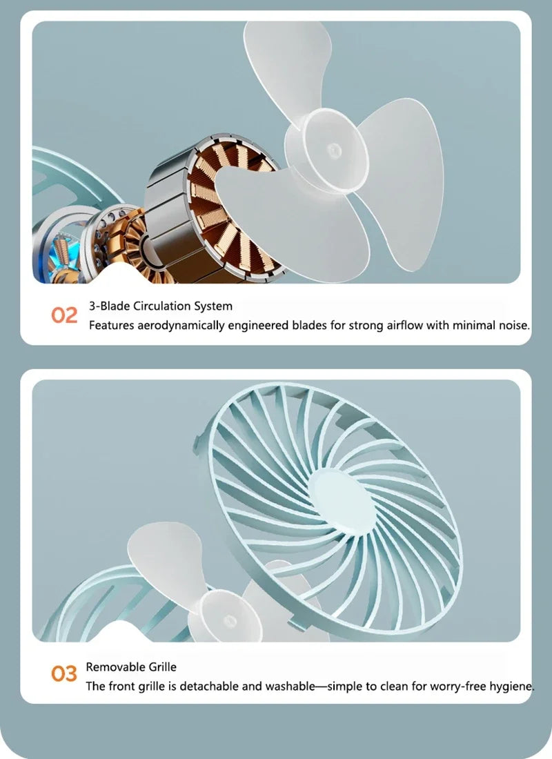 Portable Mini Cooler Fan 720°Rotatable Clip Fan Built In Night Lamp USB Rechargeable Personal Fan For Outdoor Camping Ventilador