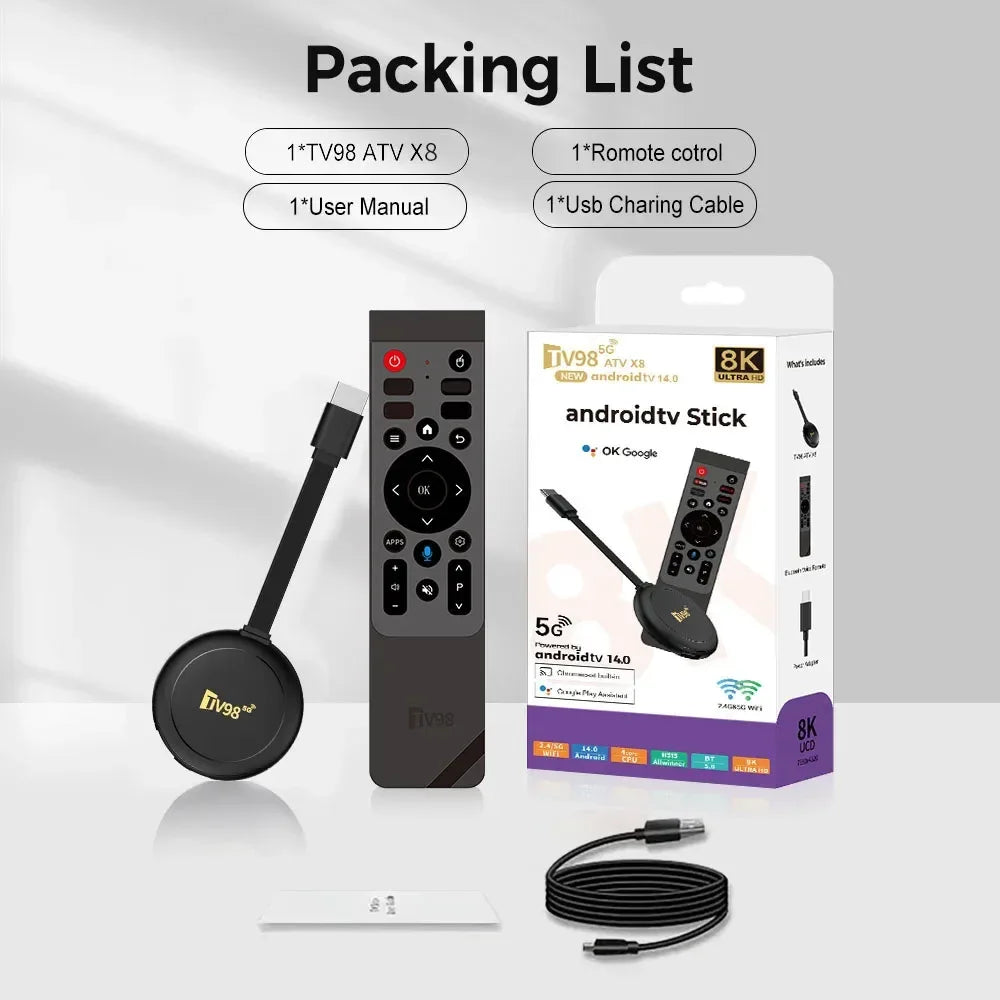 TV98 ATV X8 Smart TV Stick iptv Allwinner H313 quad-core 4G 5G Dual Wifi HD 8K 4K BT 5.0 8GB 128GB Voice Remote Android 14