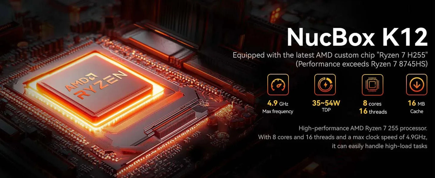 GMKtec K12 Mini PC AMD Ryzen 7 H 255 Windows 11 Pro DDR5 5600Mhz PCie3.0 NVMe SSD Wifi6E BT5.2 Quad Screen Display Oculink