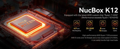 GMKtec K12 Mini PC AMD Ryzen 7 H 255 Windows 11 Pro DDR5 5600Mhz PCie3.0 NVMe SSD Wifi6E BT5.2 Quad Screen Display Oculink