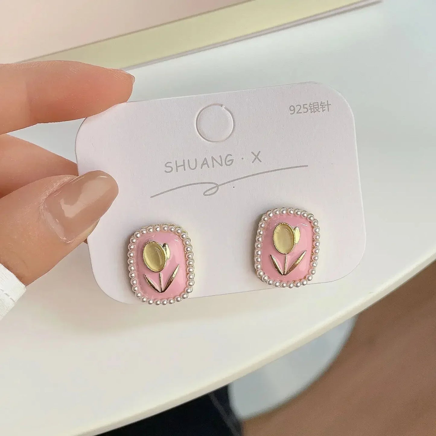 Opal Tulip Flower Pink Color Square Imitation Pearl Stud Earring for Women Korean Sweet Geometric Jewelry Christmas Girl Gift