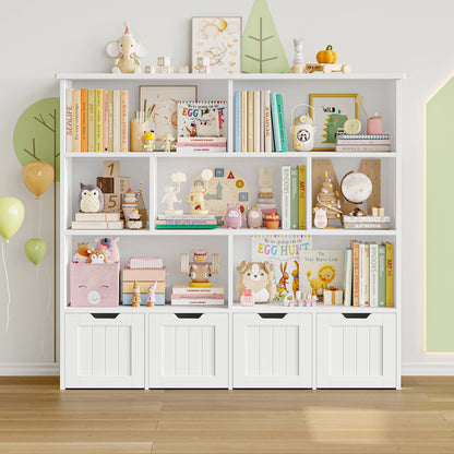 Getone Kids Toy Storage Unit Childrens Bookcase with 4 roller drawers 8 shelves Toy Organiser Kids Bookshelf for Nursery Playroom 125.5x33x118cm White/ Pink