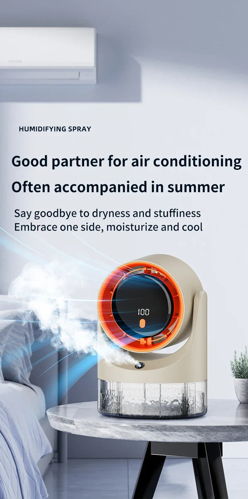 TINSOL New Compact Mini Electric Fan with Single-Hole Mist Air Conditioner Ice-Cool Humidifying Circulating Fan 360° Adjustable
