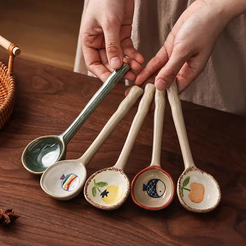Cute Ceramic Flower Soup Spoon Kawaii Korean Ice Cream Hand Painted Dessert Spoon With Long Handle Kitchen Tableware Accessories