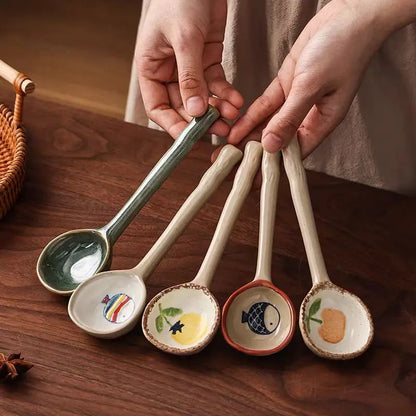 Cute Ceramic Flower Soup Spoon Kawaii Korean Ice Cream Hand Painted Dessert Spoon With Long Handle Kitchen Tableware Accessories