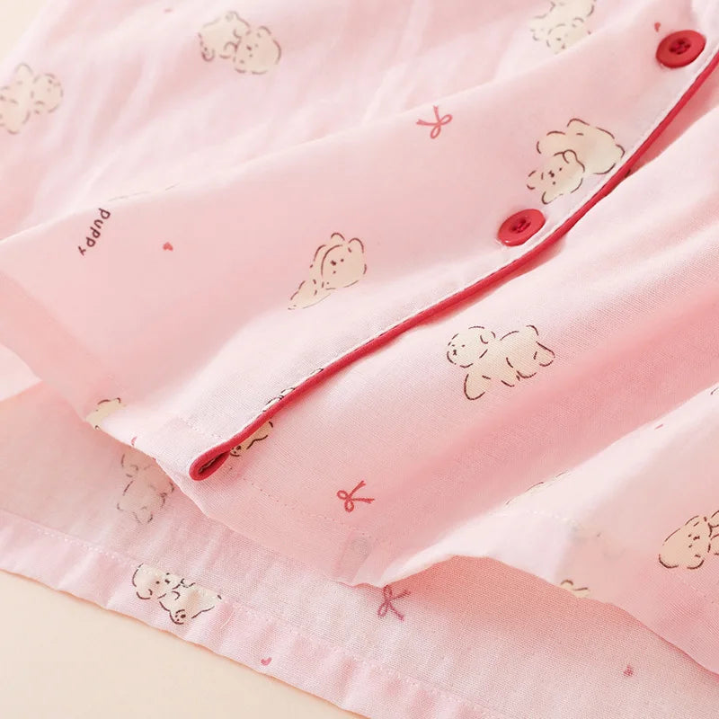 Summer Women Pajamas 3 Pieces Set 100% Gauze Cotton Female Sleepwear Bedroom Set Short sleeved long pants + shorts Woman Piiama