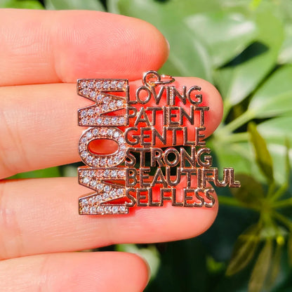 5pcs Micro Paved Mom Is Loving Strong... Word Charm Letter Pendant for Mother's Day Gift Women Bracelet Necklace Jewelry Making