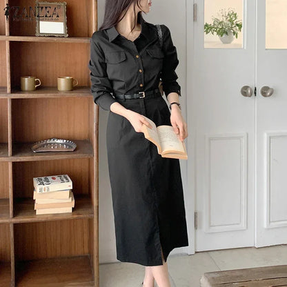 ZANZEA Women Lapel Long Sleeve Vestidos 2025 Spring Solid Work Dresses Casual Waisted No Belted Robe Office Lady Midi Spilt Robe