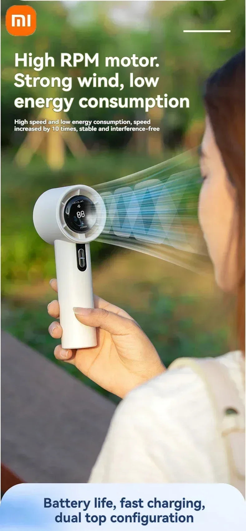 Xiaomi Ultra Quiet 100 Speed Handheld Fan USB Rechargeable Portable Mini Turbo Fan for Office and Travel with LED Indicator