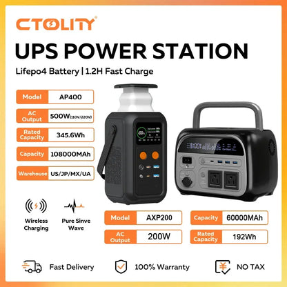 CTOLITY AXP200 AP400 Power Station 192Wh 345Wh Lifepo4 Battery for Camping Power Bank UPS Battery Backup USB TYPE-C LED Light