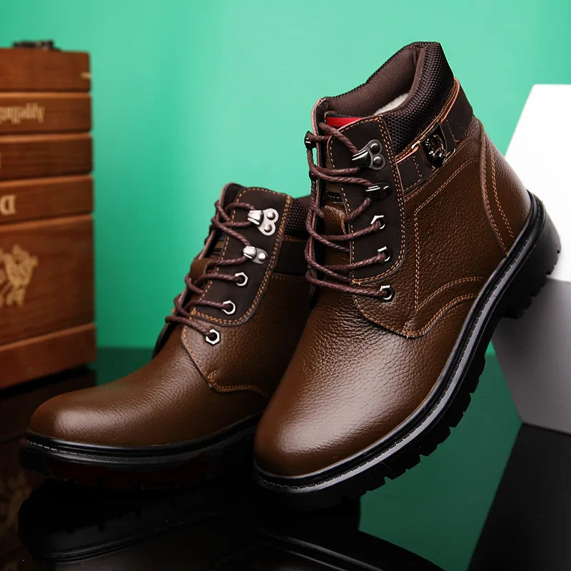 2025 Man's Genuine Leather Boots Winter Snow Shoes Wool Inner Anti Slip Father Ankle Boots Waterproof Man Snow Boots