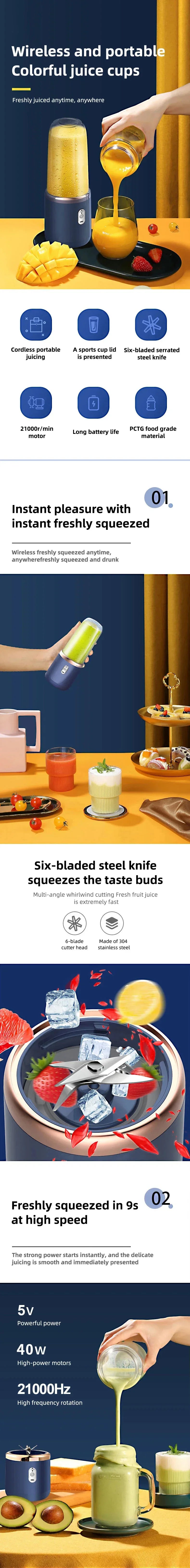 USB Personal Mini Juicer Cup Portable Handheld Travel Blender with Single Double Cups for Water Bottles