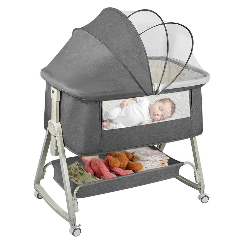 4-in-1 Baby Co-Sleeping Crib, Adjustable to 6 Positions, with Mattress, 15° Incline, Wheels with Brakes, Baby Crib 0-24 Months