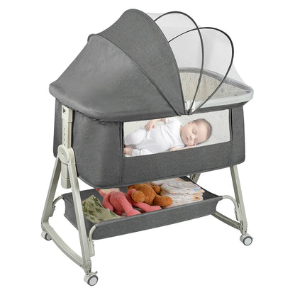 4-in-1 Baby Co-Sleeping Crib, Adjustable to 6 Positions, with Mattress, 15° Incline, Wheels with Brakes, Baby Crib 0-24 Months