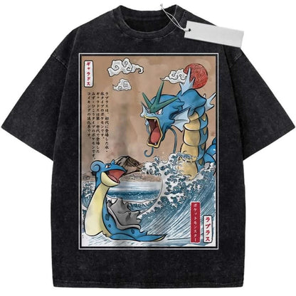 T Shirt Sports T Shirt Short Sleeve T Shirt Multi Color Unisex Pure Cotton Washed Retro Pokemon Gyarados and Lapras Print