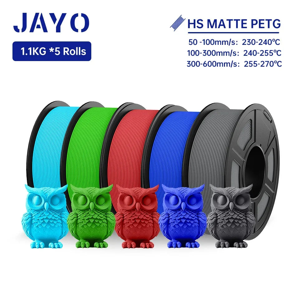 JAYO PETG 3D Filament 1.75MM High Speed PETG 3D Printer Filament 5Rolls High Flow Speedy Matte Effect 3D Printing Mateials