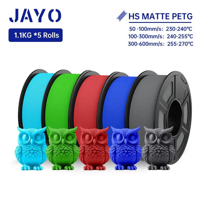 JAYO PETG 3D Filament 1.75MM High Speed PETG 3D Printer Filament 5Rolls High Flow Speedy Matte Effect 3D Printing Mateials