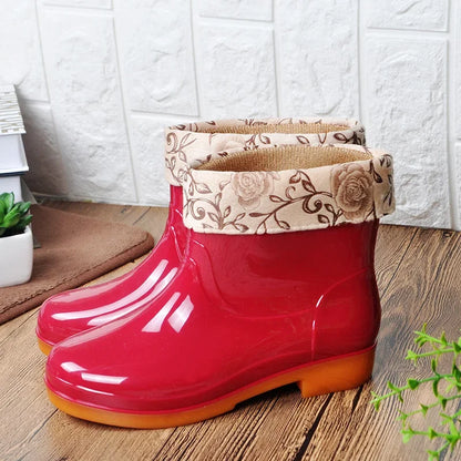 Women's Short Rain Shoes Non-slip Waterproof Rubber Boots Durable Wear-resistant Rain Boots Fleece Lined Warm Shoes Wholesale