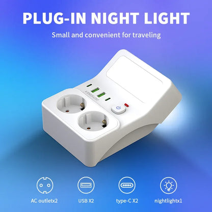 Wall Socket Power Strip with 2 AC Outlets 2 USB Ports 2 Type-C EU Plug Charger Electrical Switch For Home Power Socket