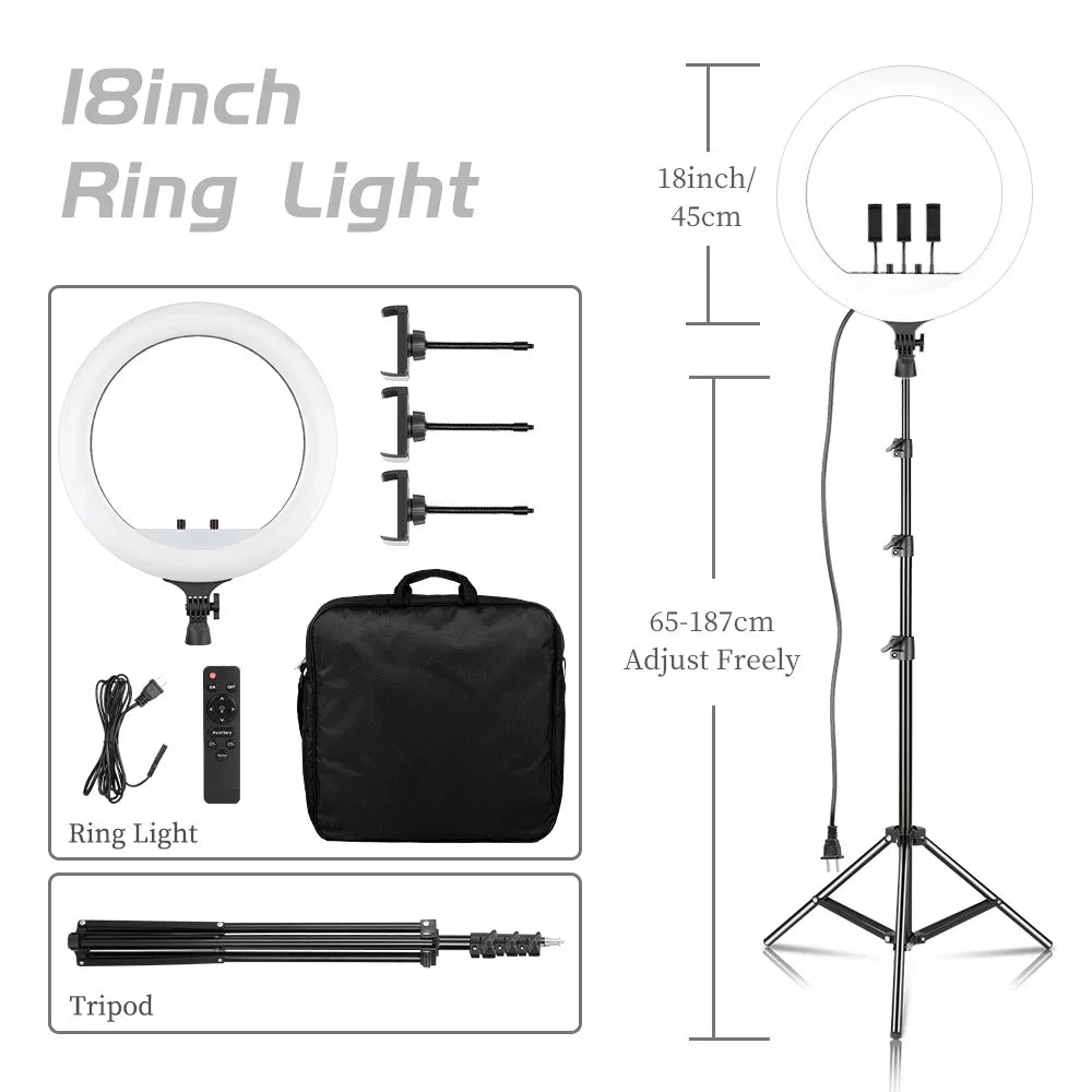 SH 18 Inch Knob Ring Light LED Selfie Video Lamp With Tripod Stand Phone Clip For YouTube Live Lighting Photo Photography Studio