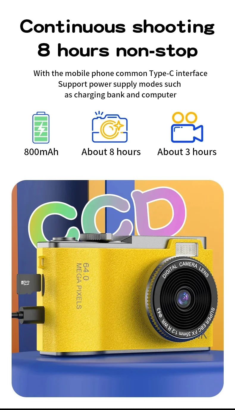 Digital Camera 4K HD Kid Camera 48MP Autofocus Vlogging Camera 2.4 Inch Retro Fashion Portable Video Camcorder for Beginners