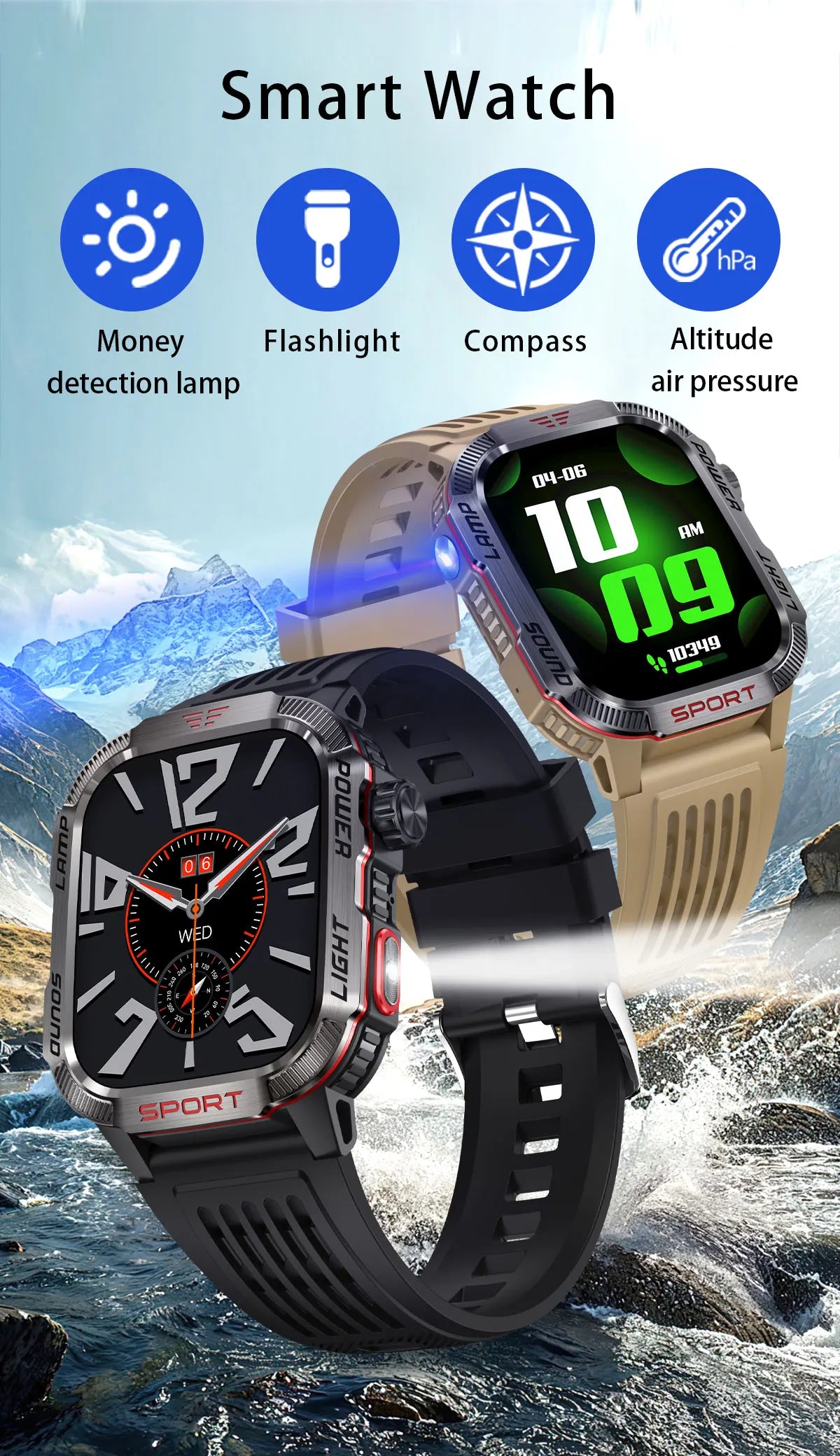 2026 New LED flashlight Military Smart Watch Men IP68 GPS Outdoor Sports Fitness Tracker Health Monitor 2.01" BT Call Smartwatch