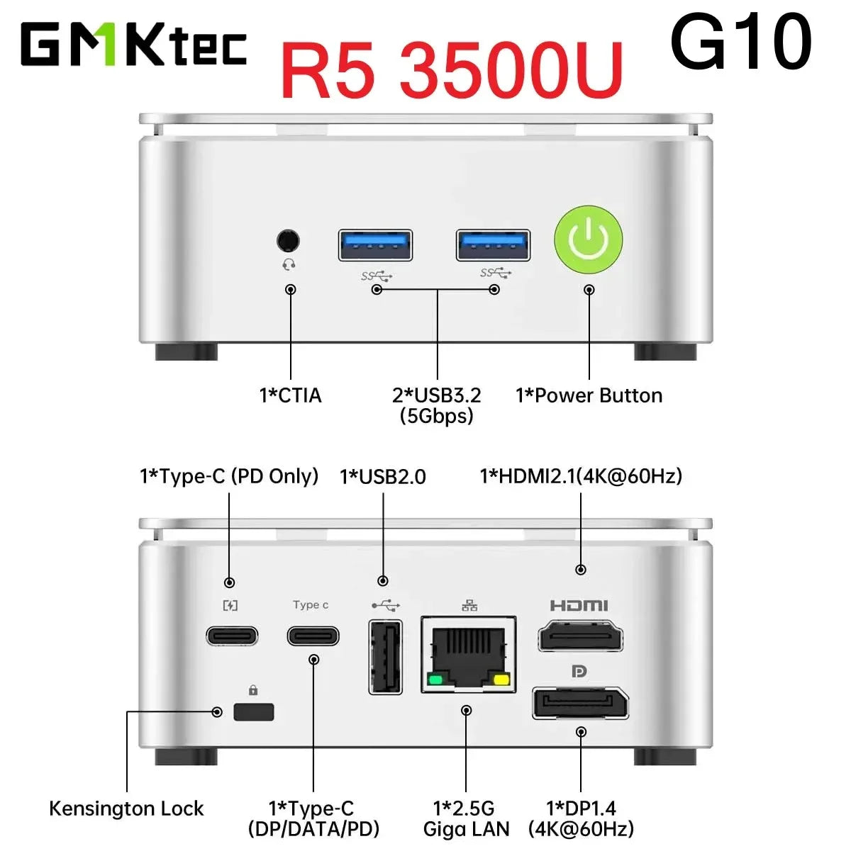 GMKtec G10 AMD Ryzen 5 3500U Mini PC DDR4 3200Mhz PCie 3.0 NVMe SSD Wifi5 BT5.0 Triple Screen Display COMPUTER Wins 11