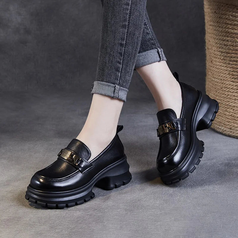 DRKANOL Women Genuine Leather Loafers 2026 Spring Autumn Thick High Heel Chunky Platform Handmade Retro Metal Trend Casual Shoes