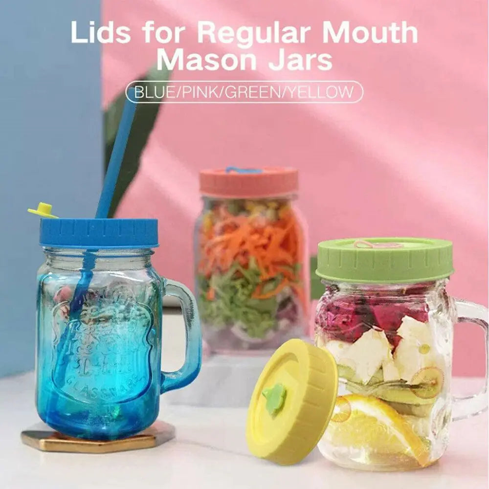 1/4Pcs Cute Universal Mason Jar Lids With Straw Hole 70mm Diameter Storage Wide Mouth Leak Proof Kitchen Supplies
