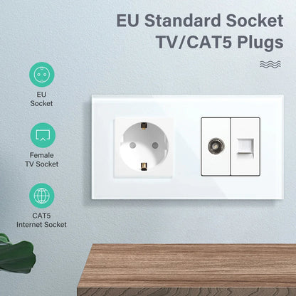 BSEED Single TV CAT5 Internet Socket Double EU Power Socket Triple Germany  With RJ45 Television Wall Sockets Glass Frame