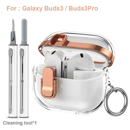 Transparent Secure Lock Earphone Cover For Samsung Galaxy Buds 3 / Buds 3 Pro Case Shockproof With Keychain Cleaning Accessories