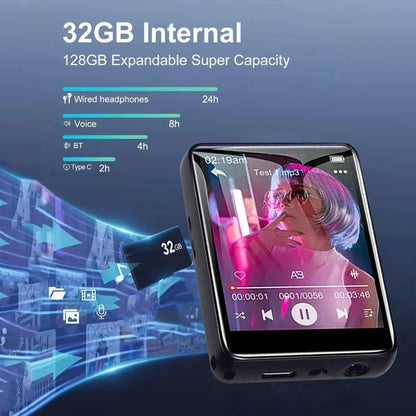 8-128GB MP3 Music Player Full Screen Touch MP4 Bluetooth Built-in Speaker Portable HiFi Music Player Video Playback recording