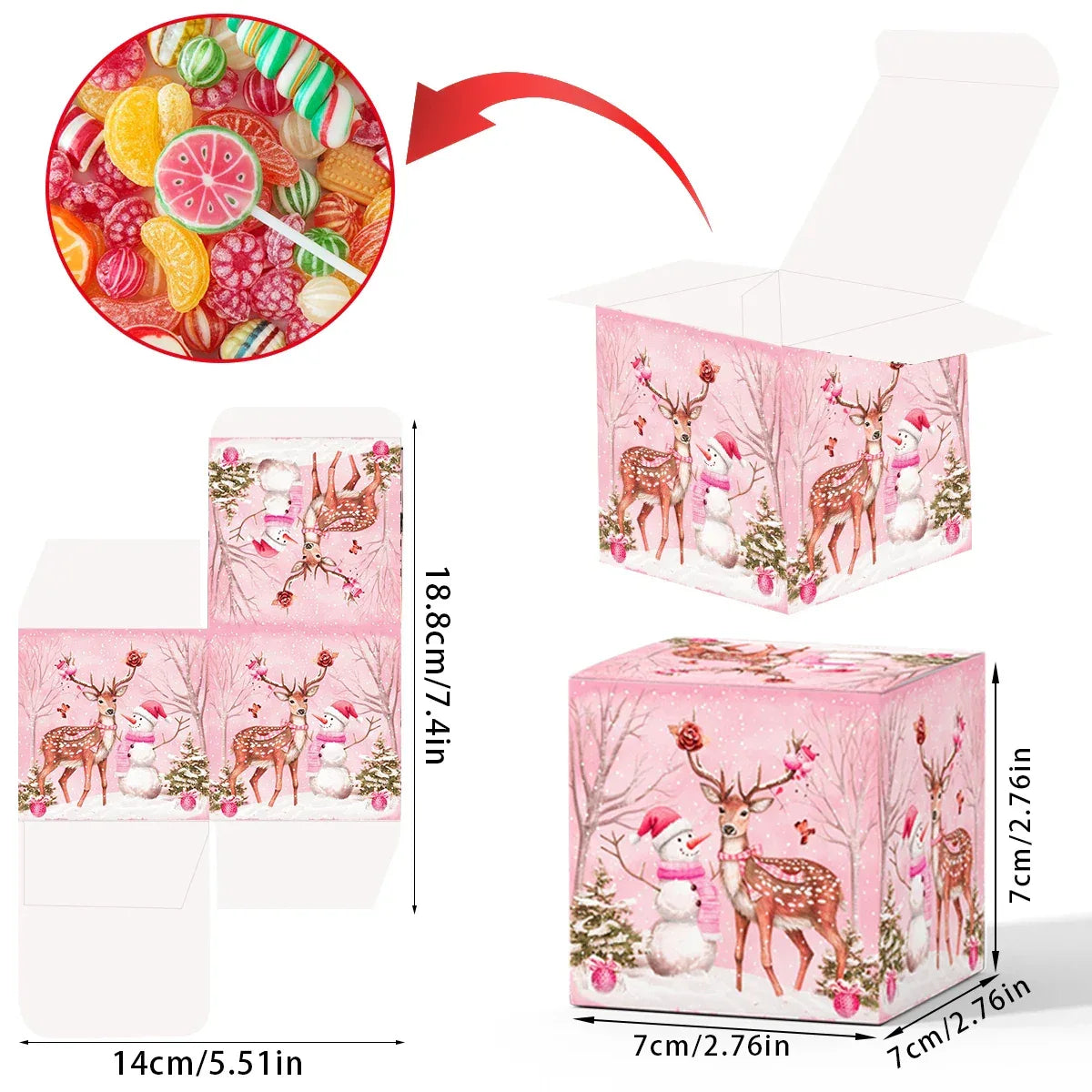 12pcs Pink Christmas Gift Bag Box Fairy Snow Scene Print Cookie Candy Bags Christmas Eve Candy Box Navidad Natal Noel Kids Gift