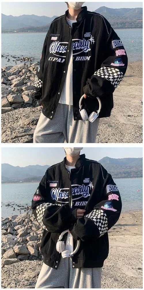 Embroidery Fashion Streetwear Racer Jackets Men Women Y2K HipHop Motorcycle Plaid Vintage Bomber Harajuku Autumn Jackets Coat