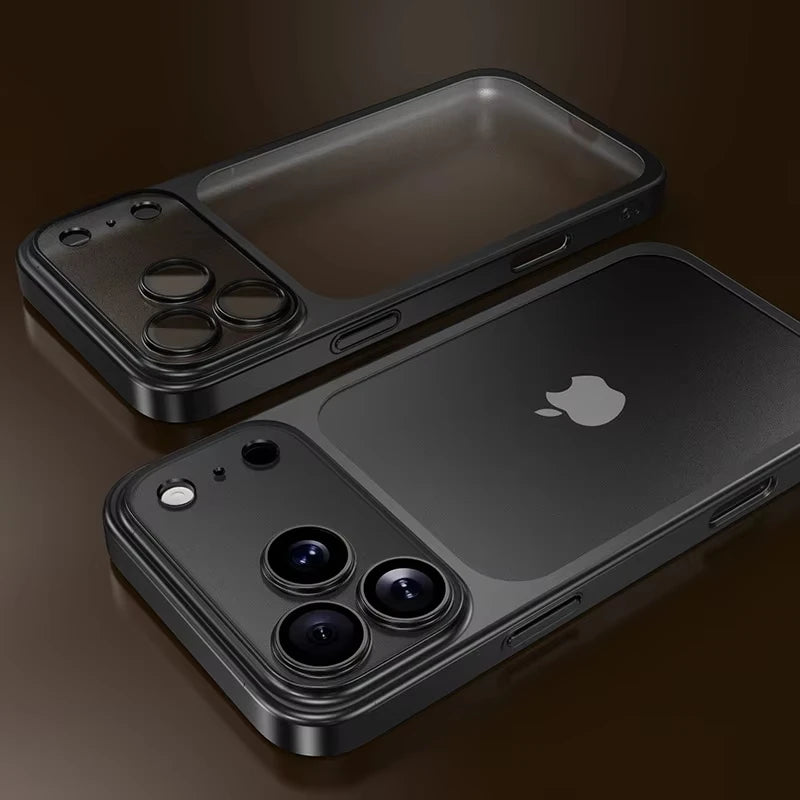Luxury Transparent Matte Phone Case For iPhone 17Pro Air 17 16 15 14 13 12 11 Pro Max Lens Protection Metallic Color Frame Cover
